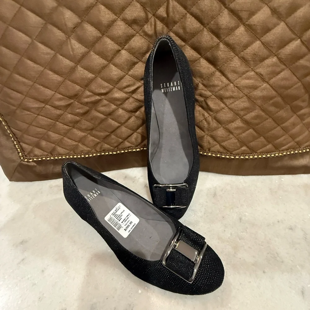 Stuart Weitzman Proper Goosebump Bow Women's Black Wedge Pumps Size 9